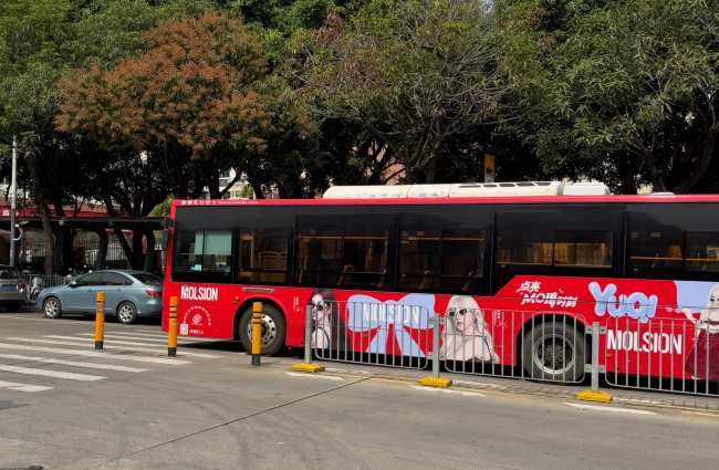 深圳公交大红色涂装广告案例图实拍