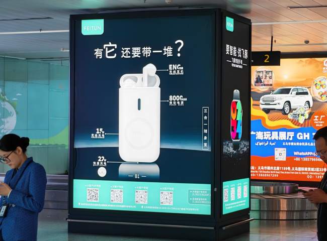 义乌机场到达大厅行李厅中央的家电小商品耳机广告特写图